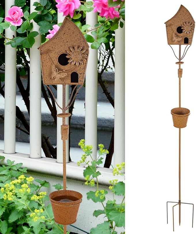 49" Bird Houses for Outside with Pole, Outdoor Metal Birdhouse with Tapered Bucket for Patio, Yard, Garden, Rust-Colored