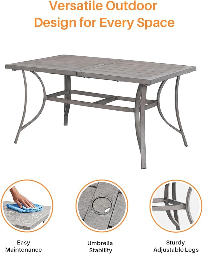 Aluminum Patio Dining Table for 6, Limed Oak Outdoor Rectangle Dining Table with Umbrella Hole, Rustproof 6 Person Outdoor Dining Tables for Backyard, Deck, Garden, Poolside, Porch