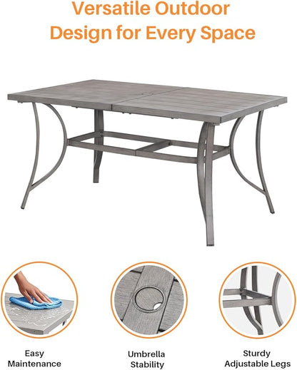 Aluminum Patio Dining Table for 6, Limed Oak Outdoor Rectangle Dining Table with Umbrella Hole, Rustproof 6 Person Outdoor Dining Tables for Backyard, Deck, Garden, Poolside, Porch