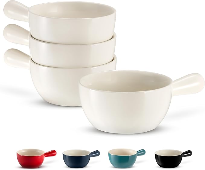 Kook French Onion Soup Crocks, Stackable Ceramic Bowls with Handles, Oven, Microwave and Dishwasher Safe, for Cereal, Soups, Casseroles, with Handle, Stoneware, 24 oz, Set of 4, White