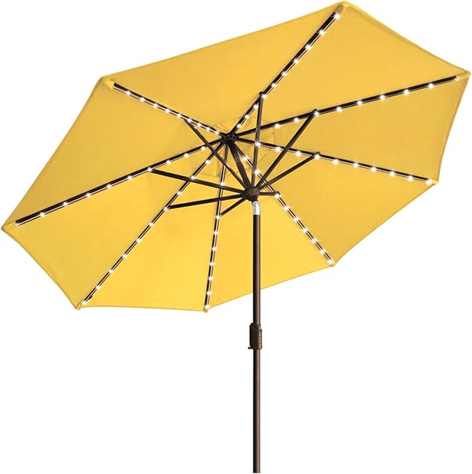 EliteShade USA 10-Year-Non-Fading Solar 9ft Market Umbrella with 80 LED Lights Patio Umbrellas Outdoor Table Umbrella with Ventilation, Sunflower Yellow