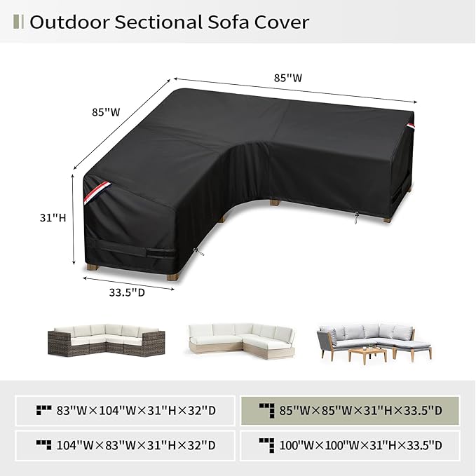 KylinLucky Outdoor Patio Furniture Cover fit 85 x 85 inch, 84 x 84, 83 x 83 L-Shaped Sectional Sofa, Waterproof Weatherproof Heavy Duty 600D Garden Cover for Outside L Shape Couch