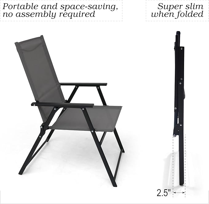 Patio Folding Chairs Set of 4, Outdoor Portable Dining Chair with Sling Back and Armrests for Lawn Camping Courtyard Balcony Garden Grey