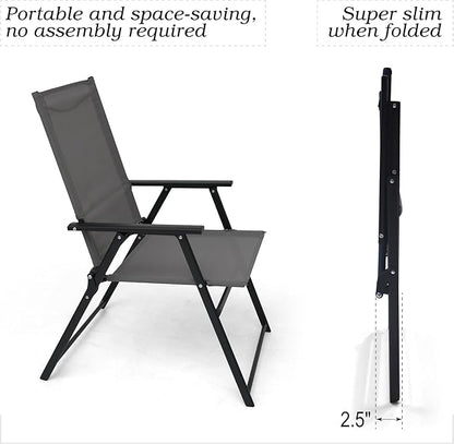 Patio Folding Chairs Set of 4, Outdoor Portable Dining Chair with Sling Back and Armrests for Lawn Camping Courtyard Balcony Garden Grey