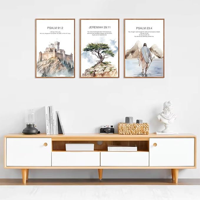 CHDITB Christian Bible Verse Framed Canvas Wall Art Set, Scripture Prints, Inspirational Spiritual Wall Decor, Religious Refuge Hope Vintage Christian Poster For Living Room, Bedroom, Church 16"x24"X3
