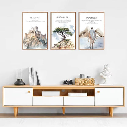 CHDITB Christian Bible Verse Framed Canvas Wall Art Set, Scripture Prints, Inspirational Spiritual Wall Decor, Religious Refuge Hope Vintage Christian Poster For Living Room, Bedroom, Church 16"x24"X3