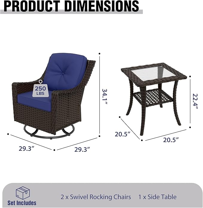 COOS BAY Stone Harbor Patio Bistro Set, 3 Piece Rattan Patio Table and Chairs Set, Wicker Swivel Rockers with Side Table, Small Balcony Furniture Set, Brown/Blue