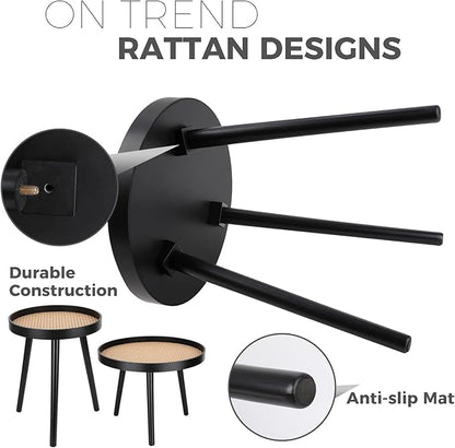 Rattan Round Side Table, Black Small End Table, Accent Table, Modern Boho Bedside Table, Mid-Century Patio Side Table, End Tables for Living Room Bedroom Office Balcony