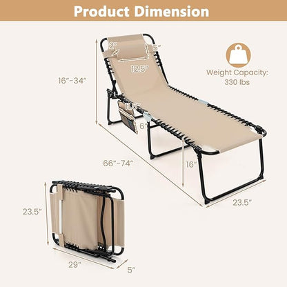 Giantex Patio Lounge Chairs for Outside - Set of 2 Folding Tanning Chair w/Headrest, 4 Adjustable Positions, Side Pocket, Outdoor Chaise Lounge for Camping, Pool, Sunbathing Beach Chair, Beige