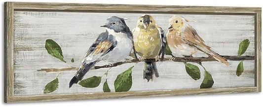 Rustic Bird Framed Wall Art: Vintage Animal Wooden Painting Abstract Colorful Cute Sparrow Picture Country Chubby Chickadee Prints Artwork Decor for Living Room Bedroom Farmhouse