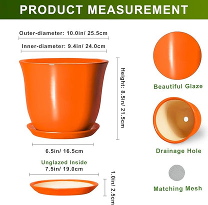 10 Inch Plant Pot - Ceramic Pots for Plants with Drainage Hole and Saucer, Round Planters for Indoor Outdoor Plants, Modern Decorative Planters, Room Home Decor, Gardening Gifts, Orange