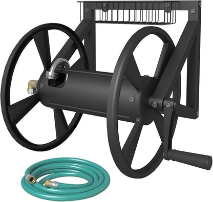 Artigarden Triangle Wall Mounted Garden Hose Reel, Outdoor Heavy-Duty Water Hoses Holder Winder, Holds 125 Ft of 5/8-Inch Hose, with 3.9 ft Leader Hose, Brass Fitting, Storage Basket for Yard, Black
