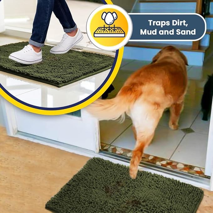 Muddy Mat® | Super Water Absorbent Door Mat Indoor, Microfiber Quick Dry Chenille Entryway Rug, Slip Resistant Front Door Mat, Indoor Mats for Entryway, Machine Washable Pet Rug, Army Green 24" x 40"