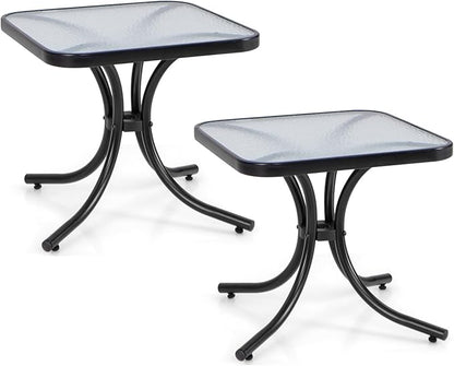 Giantex Small Outdoor Side Table with Tempered Glass Top Set of 2, Heavy-Duty Metal Frame, 110 Lbs Capacity, Square Patio Table for Balcony, Porch, Backyard, Deck, Black