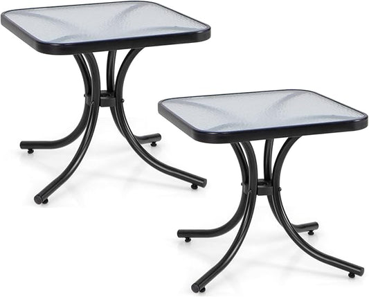 Giantex Small Outdoor Side Table with Tempered Glass Top Set of 2, Heavy-Duty Metal Frame, 110 Lbs Capacity, Square Patio Table for Balcony, Porch, Backyard, Deck, Black