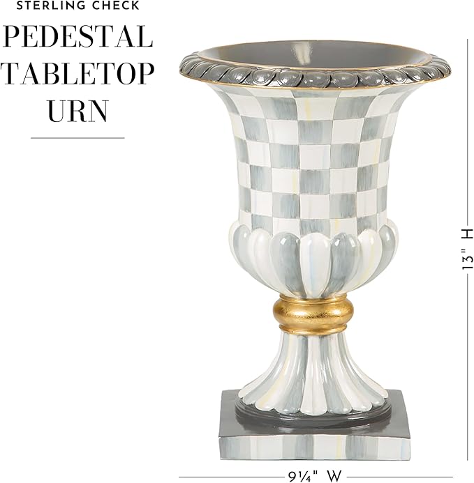 MACKENZIE-CHILDS Pedestal Tabletop Urn, Decorative Centerpiece for Table, Mantel, or Shelf, Tall, Gray-and-White Sterling Check