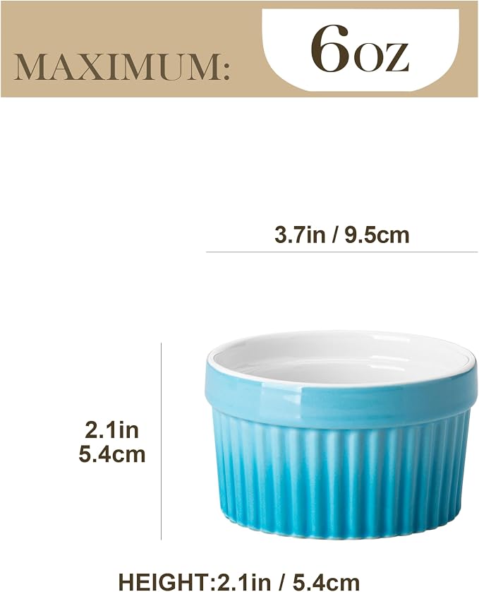 MALACASA Ramekins 6 oz Oven Safe, Small Ceramic Souffle Dishes for Creme Brulee Souffle, Stoneware Custard Cups Ramiken for Baking, Dessert Bowls Dipping Sauce Dish Set of 6, Blue, Series RAMEKIN-DISH