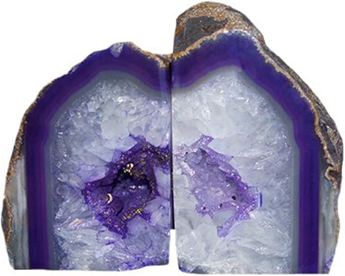 JIC Gem Dyed Purple Natural Agate Bookends Polished Stone Book Ends Crystal Geode Bookends for Shelves to Hold Books with Rubber Bumpers(1 Pair, 3-4 LBS)