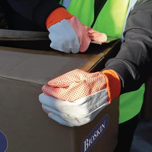 9505A Canvas Textile Work Gloves, 10 oz Cotton/Polyester with Orange PVC Dots, Knit Wrist, General-Purpose | Men's, One Size Fits Most, Pack of 12