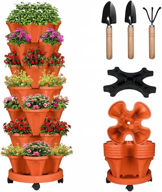Vertical Strawberry Planter 7 Tier Stackable Tower Herb Planters Stacking Outdoor Garden Red Planters Pot with Tools Mover for Growing Flowers, Vegetables and Succulents