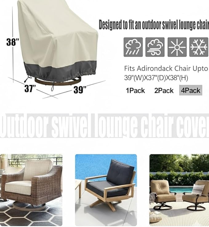 4 Pack Heavy Duty Patio Chair Covers - Rip-Resistant 600D Oxford Fabric - 8000mm Waterproof UV-Resistant Outdoor Furniture Covers for Adirondack, Rocking, and Swivel Chairs, 39"W x 37"D x 38"H
