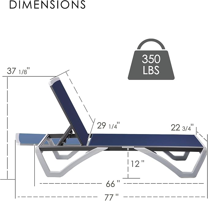 Kozyard Outdoor Chaise Lounge Chair, Fully Flat Adjustable Patio Lounger with Aluminum Frame & Resin Legs, Textilene Fabric for Poolside, Backyard & Beach (Navy Blue)