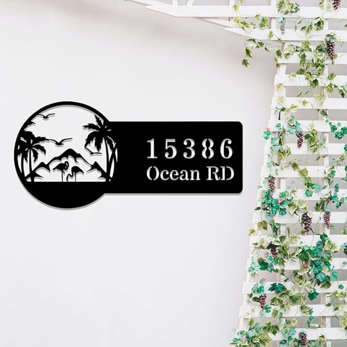 Beach House Metal Sign Custom,Flamingo Personalized Family Name Sign Wall Art,Custom Home Address Numbers Marker,Street Address Wall Hanging for Gate Fence Door Plate Office Hotel Entry Road Mailbox