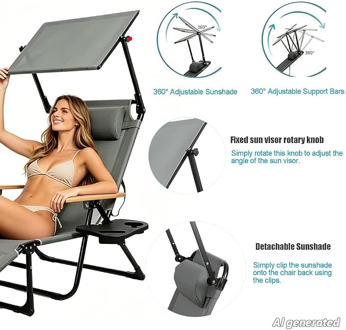 Folding Lounge Chair with Adjustable Canopy, Portable Sun Lounger with 4-Position Reclining Back, Outdoor Chaise Lounge with Arms, Tanning Chair for Beach Poolside Backyard Camping, 440LBS (Gray B)