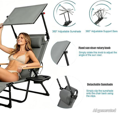 Folding Lounge Chair with Adjustable Canopy, Portable Sun Lounger with 4-Position Reclining Back, Outdoor Chaise Lounge with Arms, Tanning Chair for Beach Poolside Backyard Camping, 440LBS (Gray B)