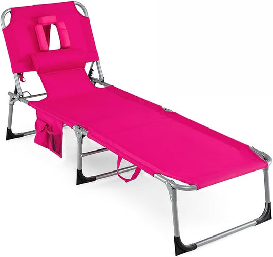 COSTWAY Tanning Chair with Face Hole, Folding Beach Lounge Chair | 4-Position Adjustable Backrest, Pillow & Side Pocket, Foldable Chaise Lounge Chair (1, Pink)