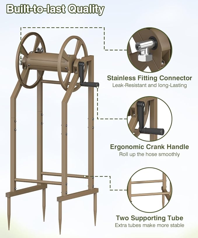 4-Spike Garden Hose Reel with 3.9ft Leader Hose & Stainless Fitting, Outdoor Hose Holder holds 125ft Hose of 5/8", Freestanding Metal Hose Stand for Outside Yard Lawn, Brown