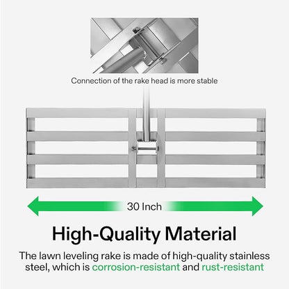 VIVOSUN 30" Lawn Leveling Rake, 30" x 10" x 78" Heavy-Duty Stainless Steel Lawn Leveler with 7FT Adjuatble Long Handle for High Effect, Metal Levelawn for Smooth Soil, Rustproof Rakes for Garden Yard