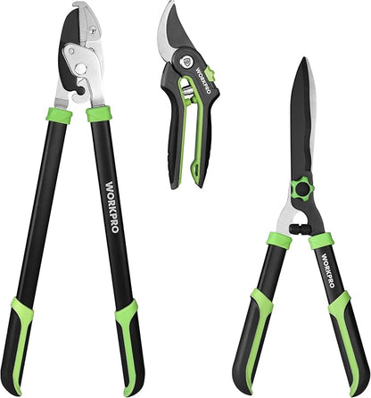 WORKPRO 3-Piece Garden Shears Set - 20” Hedge Shear, 24” Anvil Lopper & 8” Pruning Shear, Heavy-Duty Gardening Clippers with Sharp Blade, Comfort Grip Handle for for Branches, Shrubs, and Hedges