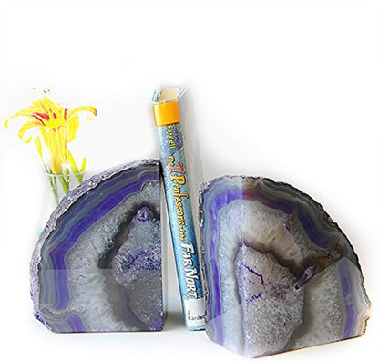 JIC Gem Purple Agate Bookends Geode Book Ends Decorativer Crystal Bookends for Heavy Duty with Rubber Bumpers (1 Pair, 6-8 LBS)