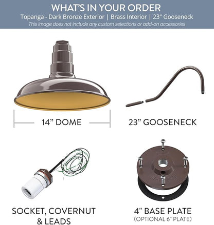 Steel Lighting Co. Topanga Barn Light | Outdoor Wall Mounted | 14 inch Dome | 23" Gooseneck | Farmhouse Garage Light Made in America | Dark Bronze Exterior/Brass Interior