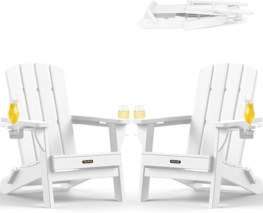 Folding Adirondack Chair 2 Pack, HDPE All-Weather Fire Pit Chairs, Plastic Adirondack Chairs with 2 Cup Holder, Outdoor Lawn Chair for Patio Garden (White)