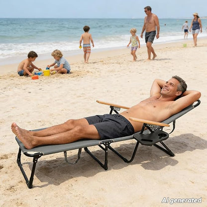 Folding Chaise Lounge Chair Outdoor, Folding Sun Lounger with 4-Position Reclining Back, Foldable Tanning Chair with Adjustable Headrest, Beach Lounge Chair for Poolside Backyard Camping (Gray)