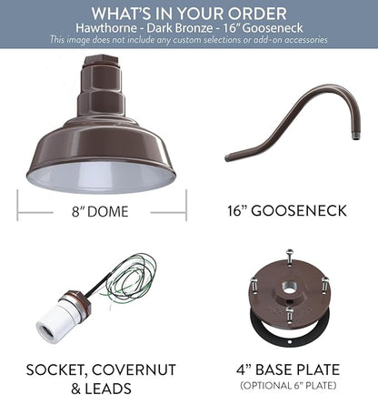 Steel Lighting Co. | Dusk to Dawn | Hawthorne Barn Light | Outdoor Wall Mounted | 8 in Dome | 16 inch Gooseneck| Small Farmhouse Light Made in America | Dark Bronze Exterior/White Interior