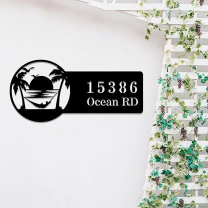 Custom Beach House Metal Sign,Beach Sunset Personalized Last Name Sign Wall Art,Custom Home Address Numbers Plaque,Street Address Wall Hanging for Door Plate Swimming Pool Numbers Letters Wall Decor