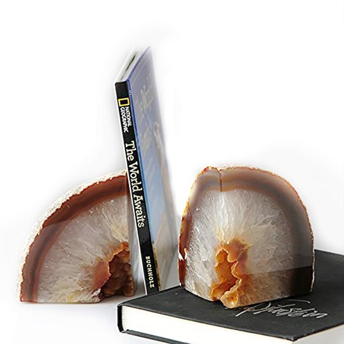 JIC Gem Natural Agate Book Ends Decorative geode bookends for Heavy Books with Rubber Bumpers Crystal Bookends for Shelves and Office Decoration 1 Pair(6 to 8 Lbs)
