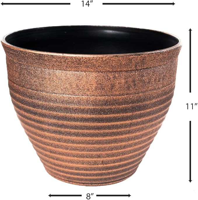 Circle Pattern 2 Pack Rustic French Country Look (2 Pots + 2 Matching Saucers) Plastic Planter for Indoor, Outdoor, Nursery, Garden, Patio, Office, Home Décor Use. Long Lasting, Lightweight (Copper)