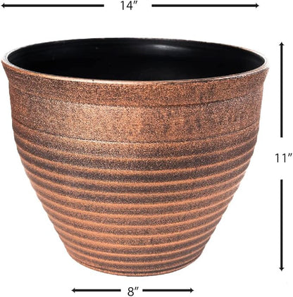 Circle Pattern 2 Pack Rustic French Country Look (2 Pots + 2 Matching Saucers) Plastic Planter for Indoor, Outdoor, Nursery, Garden, Patio, Office, Home Décor Use. Long Lasting, Lightweight (Copper)