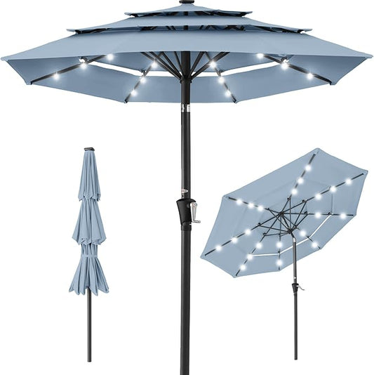 Best Choice Products 10ft 3-Tier Solar Patio Umbrella, Outdoor Market Sun Shade for Backyard, Deck, Poolside w/ 24 LED Lights, Tilt Adjustment, Easy Crank, 8 Ribs - Breeze Blue