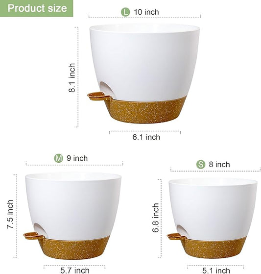 10/9/8 inch Medium Self Watering Pots, Planter, Plant Pots with Mesh Drainage Holes for Indoor Outdoor Garden Plants, Plastic Flower Pots with Removable Deep Reservoir, White with Brown