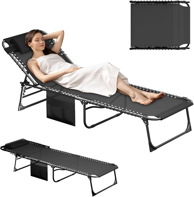 Outdoor Lounge Chair, Foldable Reclining Chaise Lounge with Detachable Pillow & Side Pocket, 4-Position Recliner Tanning Chair for Beach, Pool, Lawn, Backyard, Black, 2 Packs