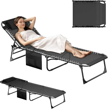 Outdoor Lounge Chair, Foldable Reclining Chaise Lounge with Detachable Pillow & Side Pocket, 4-Position Recliner Tanning Chair for Beach, Pool, Lawn, Backyard, Black, 2 Packs