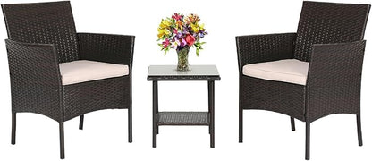 FDW Patio Bistro Conversation Set Wicker Furniture 2 Rattan Chairs Cushions and Glass Coffee Table for Porch Lawn Garden Balcony Backyard, 3 Pieces, Brown and Khaki