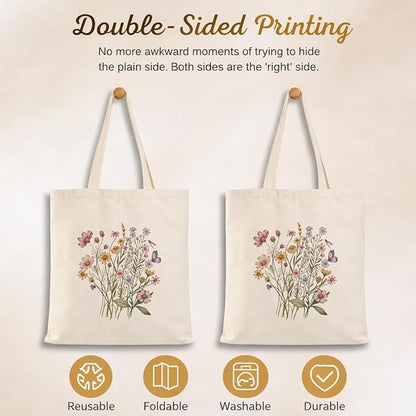 Floral Canvas Tote, Women Weekend Bags, Reusable Grocery Canvas Bag, Large Two Sided Printing Tote Bags