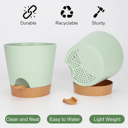 YNNICO 8-Inch Plant Pots, Self-Watering Planters with Drainage Holes & Saucers for Indoor and Outdoor Plants (2-Pack, Green)