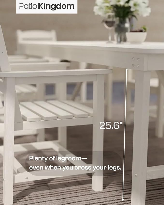 7-Piece White HDPE Patio Table and Chairs Set, Weather Resistant Outdoor HDPE Dining Table Sets with Umbrella Hole for Lawn, Garden, Deck, Poolside, Balcony